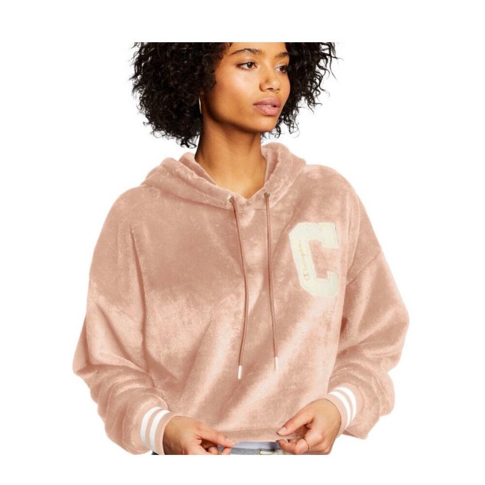 Velour Crop Hoodie Sweatshirt Blush Pink Champion Women M